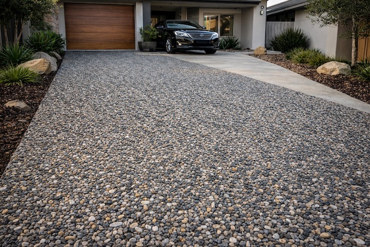exposed aggregate drive way with car on it